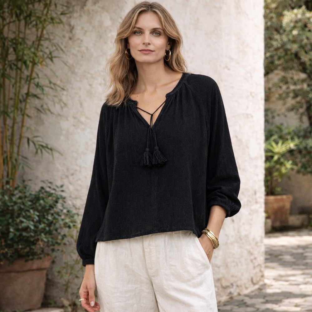 ANAAK Women's Raw Textured silk Boho Blouse in Black Size 3